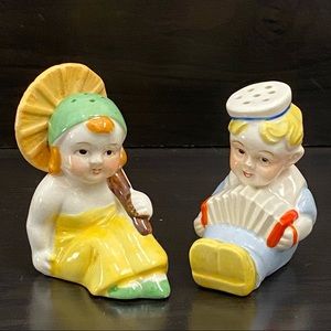 Vintage Boy Accordion Girl Salt Pepper Shaker Set